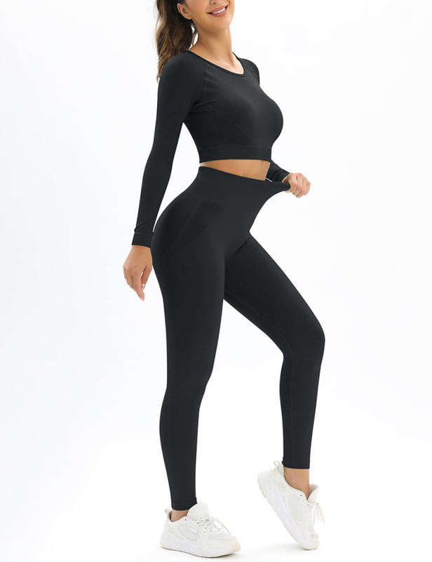 Black Open Back Long Sleeve Top and Yoga Legging Sports Set