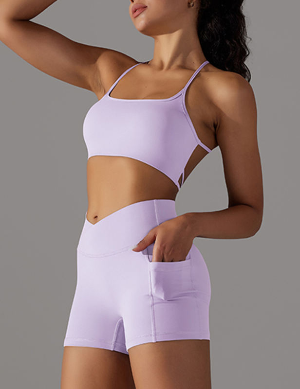 Purple Crisscross Back Yoga Bra and Pocket Shorts Set