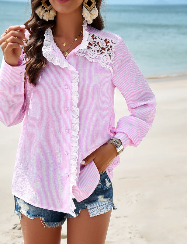 Pink Stripe Print Contrast Lace Long Sleeve Shirt