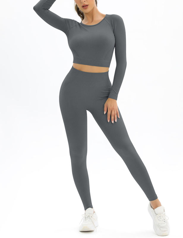 Grey Open Back Long Sleeve Top and Yoga Legging Sports Set