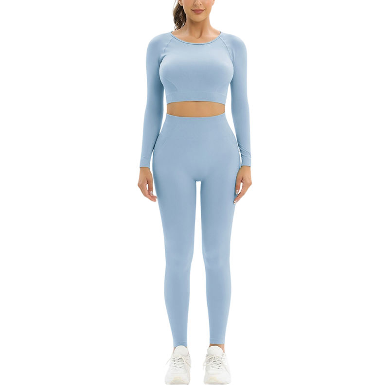 Light Blue Open Back Long Sleeve Top and Yoga Legging Sports Set