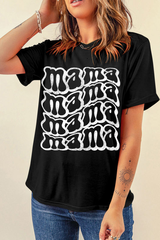Black mama Letter Print Round Neck Casual T Shirt