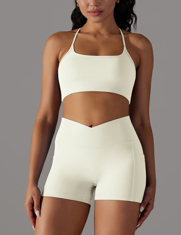 Beige Crisscross Back Yoga Bra and Pocket Shorts Set