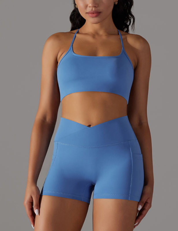 Blue Crisscross Back Yoga Bra and Pocket Shorts Set