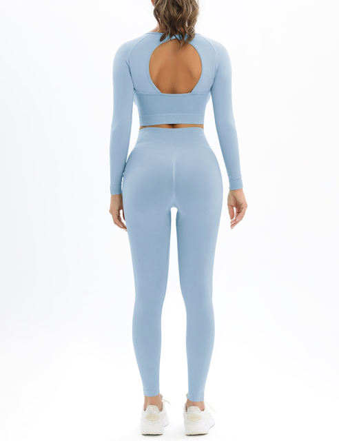 Light Blue Open Back Long Sleeve Top and Yoga Legging Sports Set