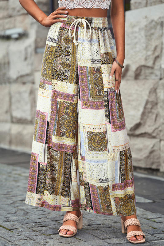 Yellow Boho Patchwork Print Drawstring Wide Leg Pants