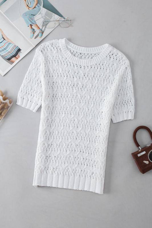 White Hollow-out Textured Half Sleeve Sweater