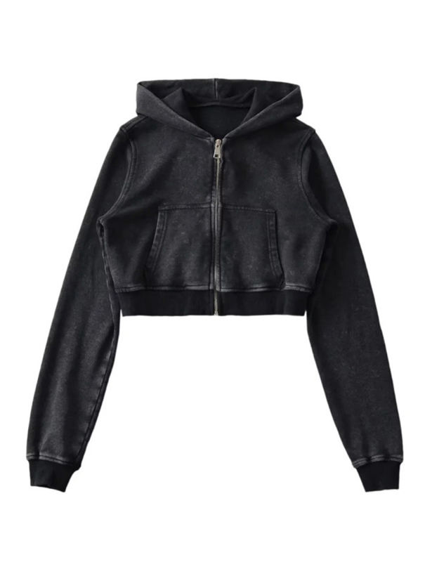 Black Zipper Front Crop Hoodie Jacket