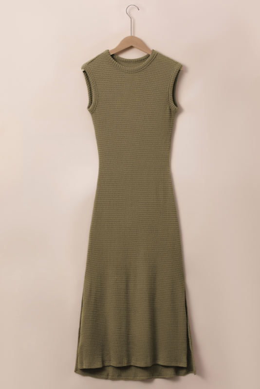Jungle Green Waffle Knit Sleeveless Long Dress with Slits