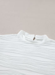 White Wavy Textured Mock Neck Cap Sleeve Top