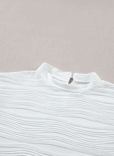 White Wavy Textured Mock Neck Cap Sleeve Top