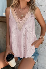 Pink Lace Crochet Splicing V Neck Loose Fit Tank Top