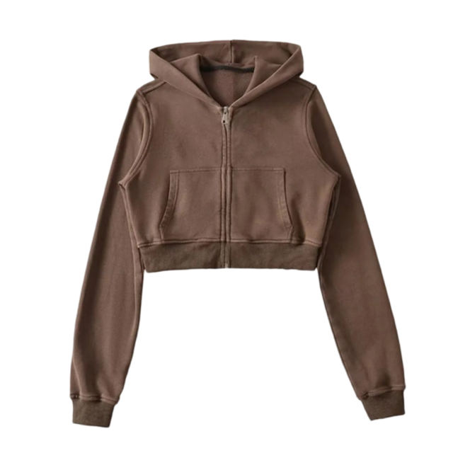 Coffee Zipper Front Crop Hoodie Jacket