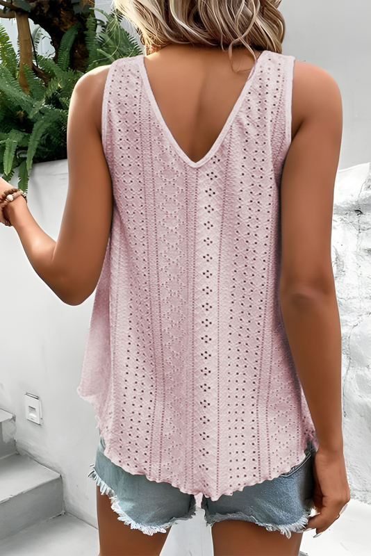 Pink Lace Crochet Splicing V Neck Loose Fit Tank Top