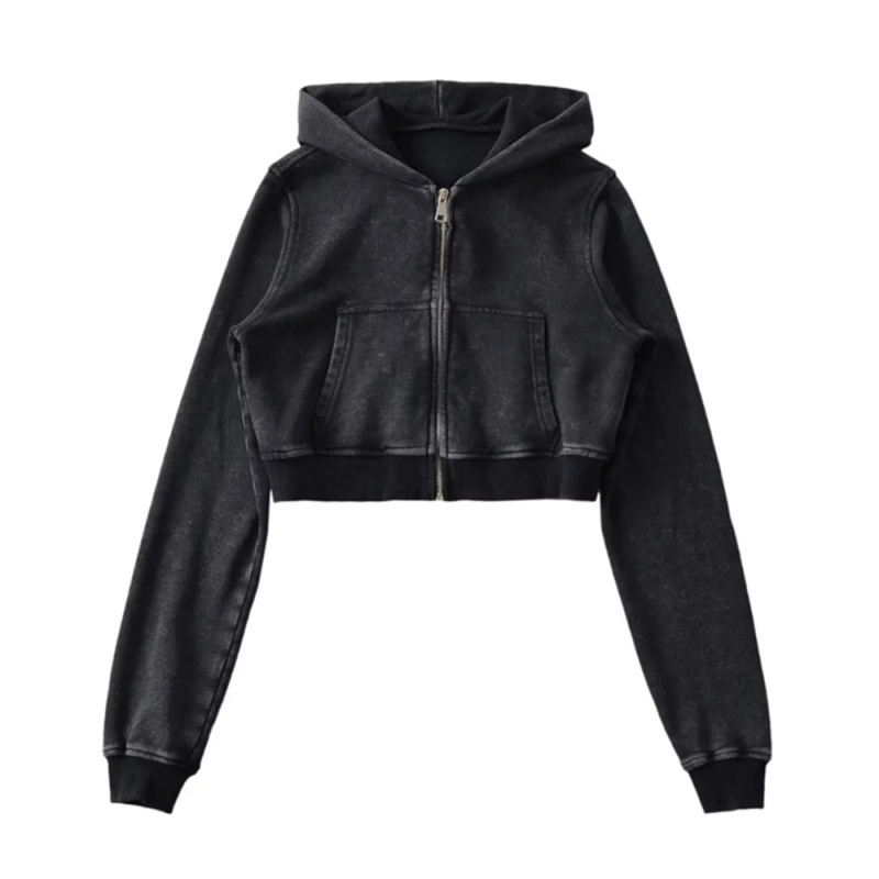 Black Zipper Front Crop Hoodie Jacket