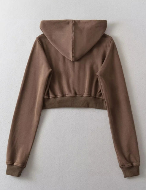 Coffee Zipper Front Crop Hoodie Jacket