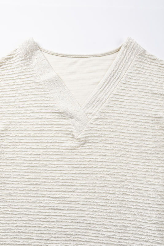 Pale Khaki Textured Wide Sleeve V Neck T Shirt