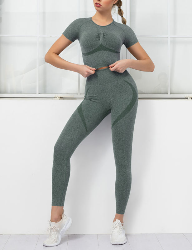 Green Seamless Short Sleeve Top and Fitness Legging Sports Set