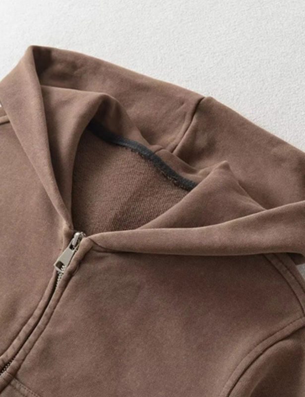 Coffee Zipper Front Crop Hoodie Jacket