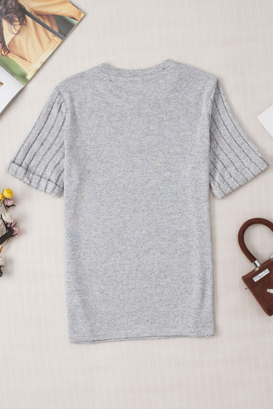 Gray Panel Rolled Short Sleeve Round Neck T Shirt