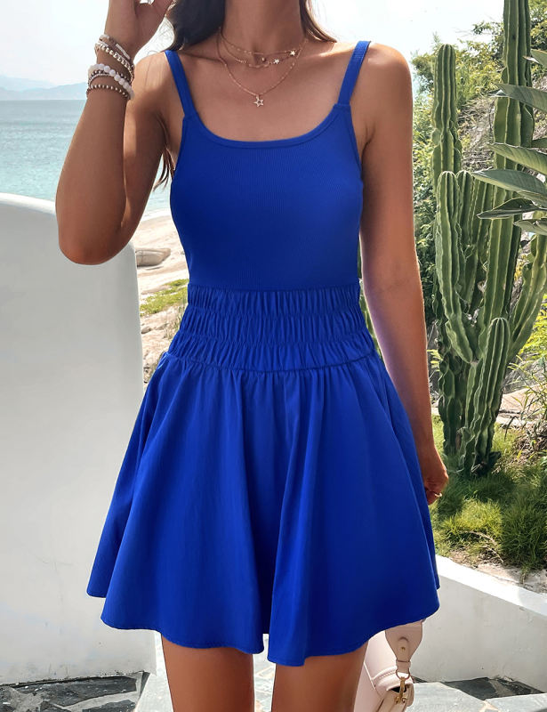 Blue Spaghetti Straps Shirred Waist Mini Dress