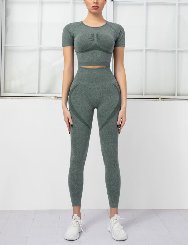 Green Seamless Short Sleeve Top and Fitness Legging Sports Set