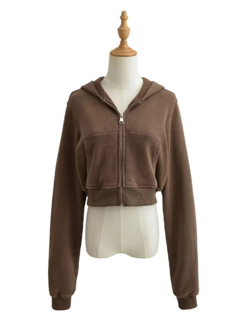 Coffee Zipper Front Crop Hoodie Jacket