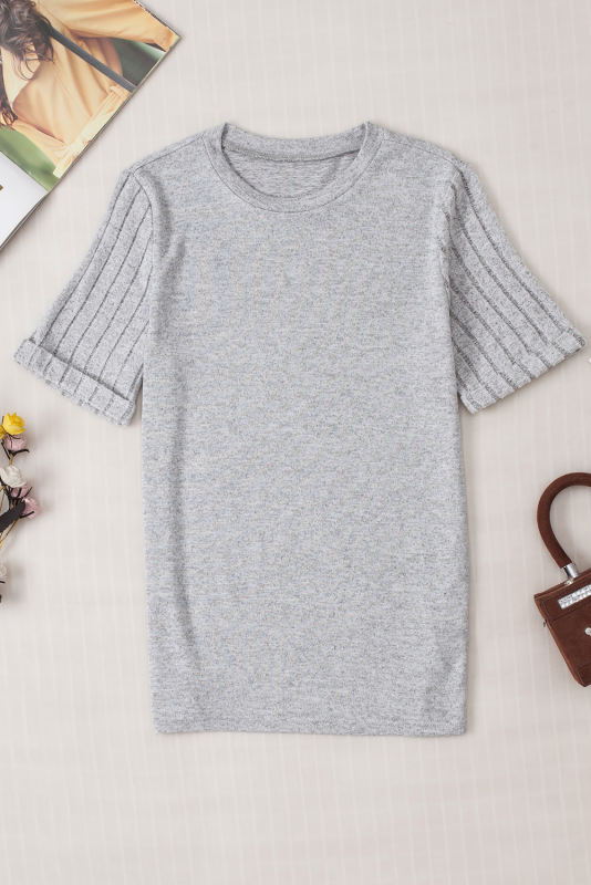 Gray Panel Rolled Short Sleeve Round Neck T Shirt