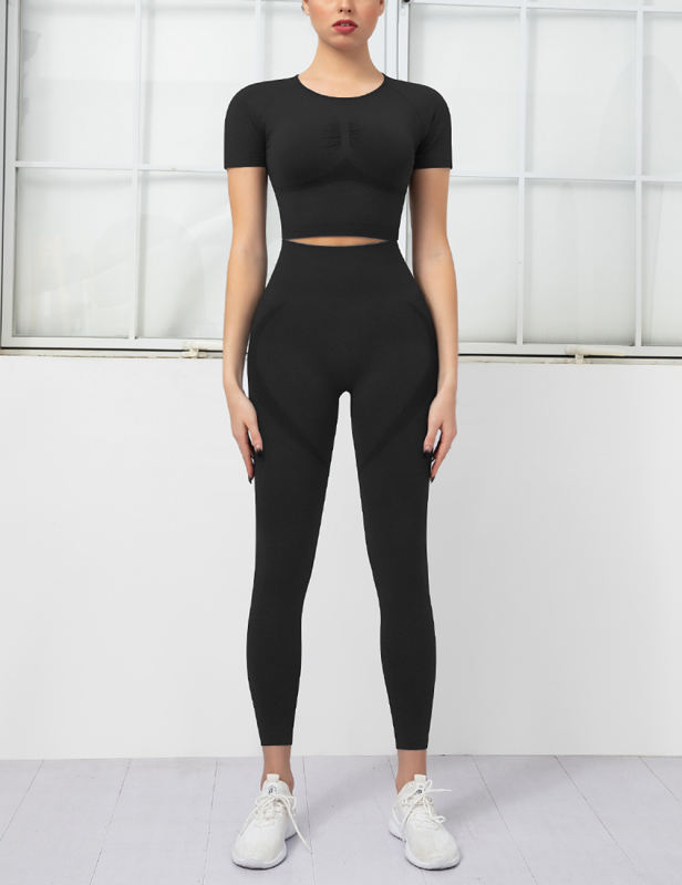 Black Seamless Short Sleeve Top and Fitness Legging Sports Set