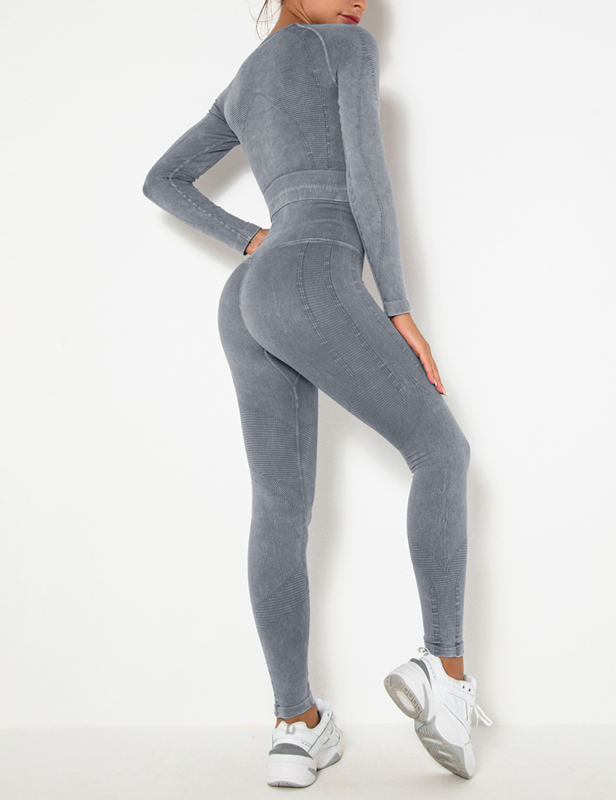 Grey Seamless Long Sleeve Top and Legging Yoga Set
