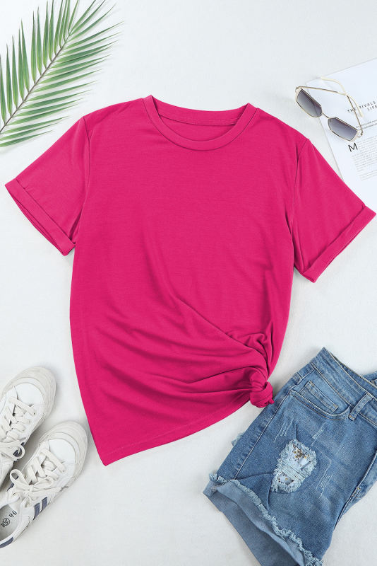 Rose Red Casual Plain Crew Neck Tee