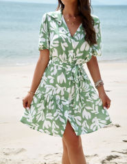 Green Abstract Print Button V Neck Dress