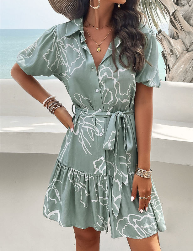 Pea Green Abstract Print Button V Neck Dress