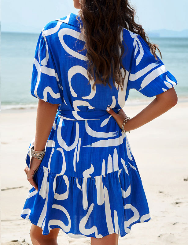 Blue Abstract Print Button V Neck Dress