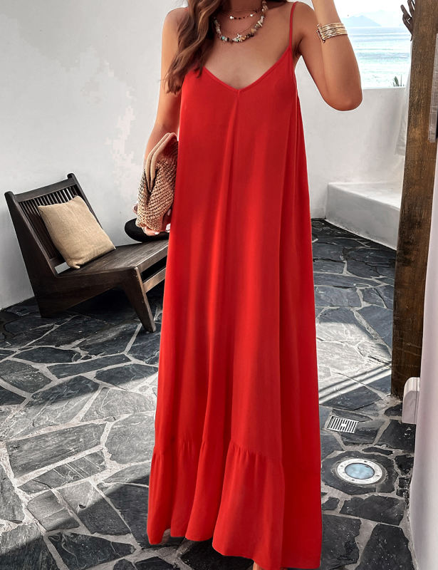 Red Spaghetti Straps V Neck Pocket Maxi Dress