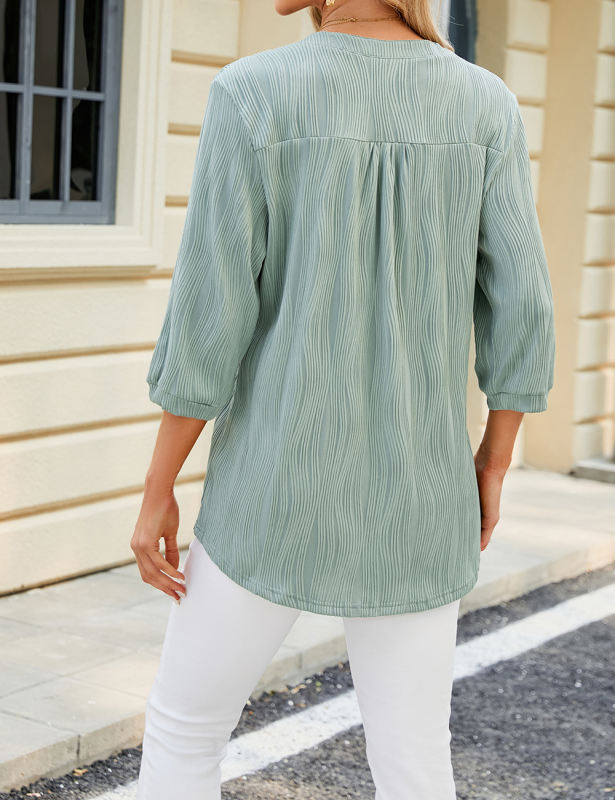 Pea Green 3/4 Sleeve Button V Neck Textured Blouse
