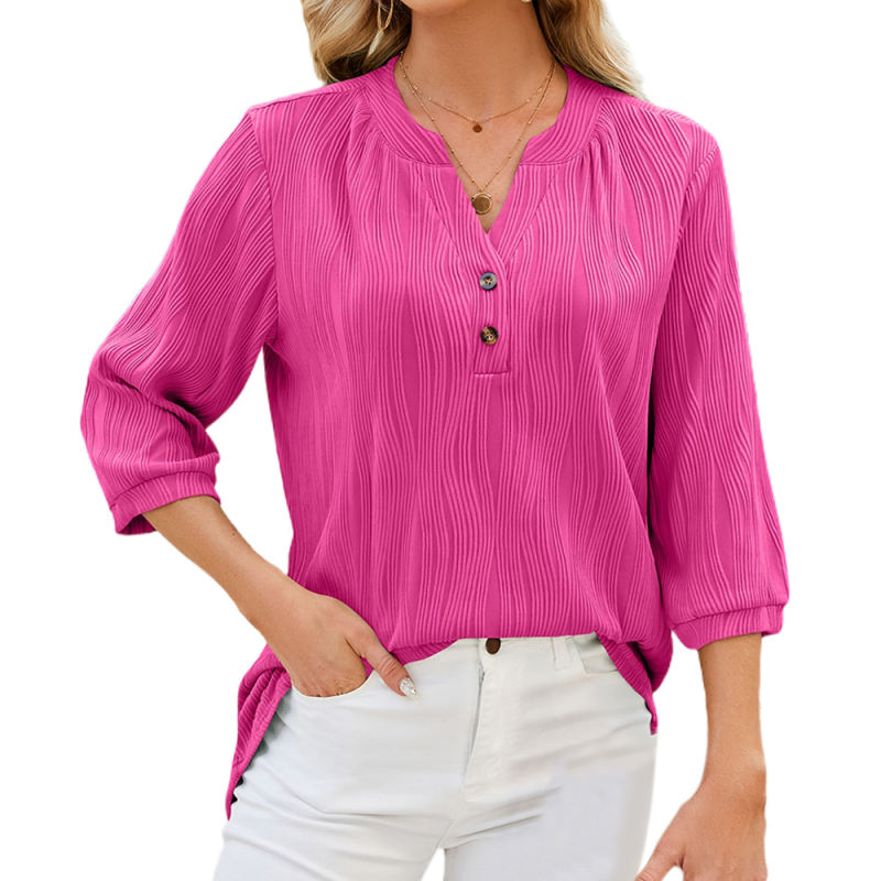 Rosy 3/4 Sleeve Button V Neck Textured Blouse