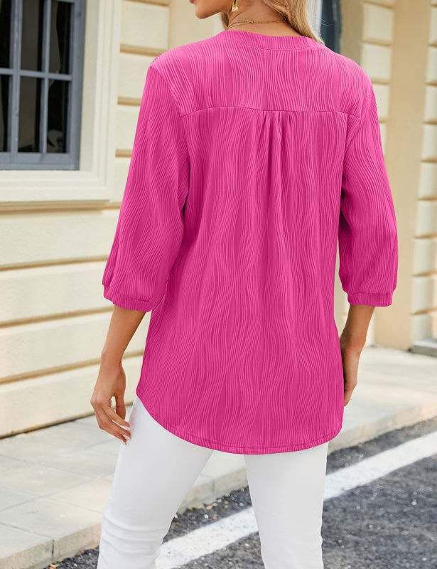 Rosy 3/4 Sleeve Button V Neck Textured Blouse