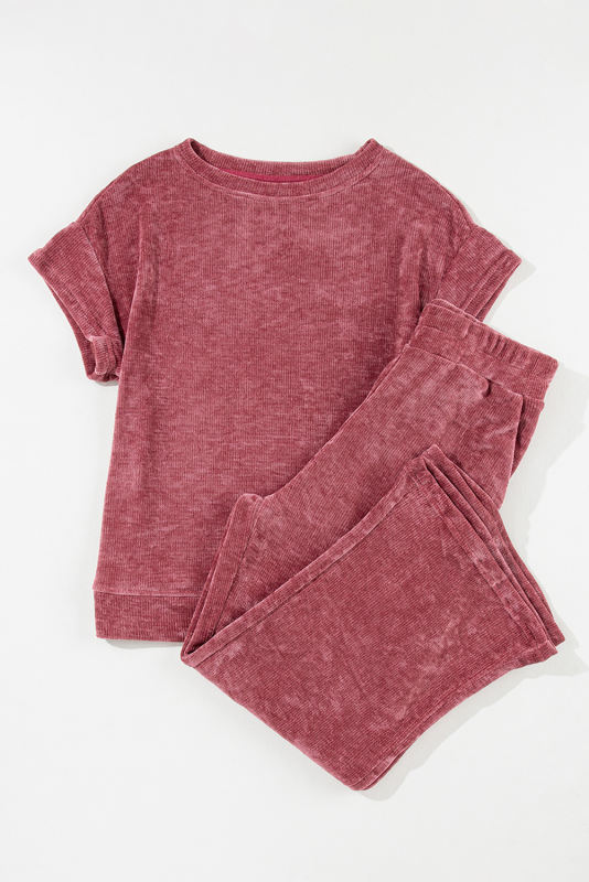Rose Pink Mineral Wash Corduroy Short Sleeve and Crop Pants Set