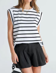 White Striped Round Neck Short Sleeve T-shirt