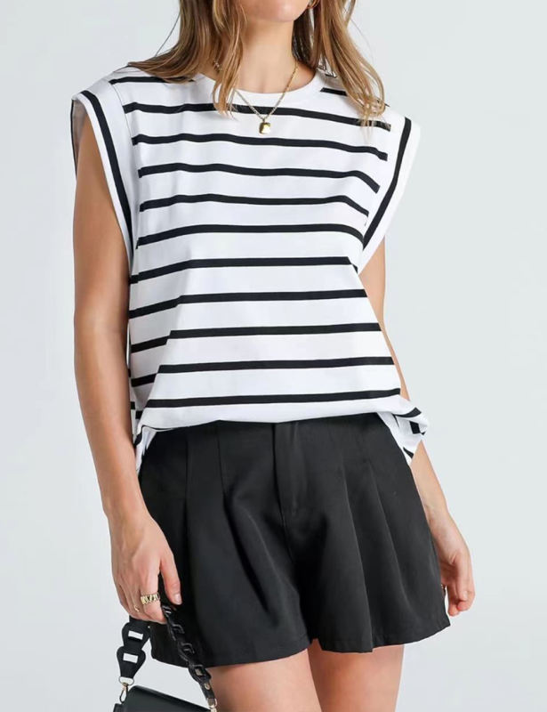 White Striped Round Neck Short Sleeve T-shirt