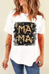 White MAMA Leopard Color Block Crew Neck Casual Tee