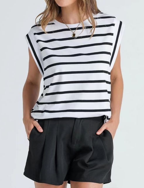White Striped Round Neck Short Sleeve T-shirt