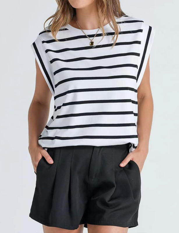 White Striped Round Neck Short Sleeve T-shirt