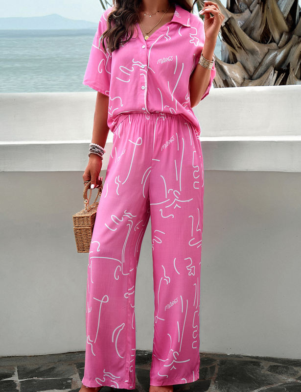 Rosy Abstract Print Short Sleeve Shirt and Pant Set