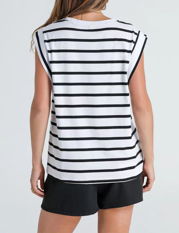 White Striped Round Neck Short Sleeve T-shirt