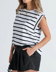 White Striped Round Neck Short Sleeve T-shirt