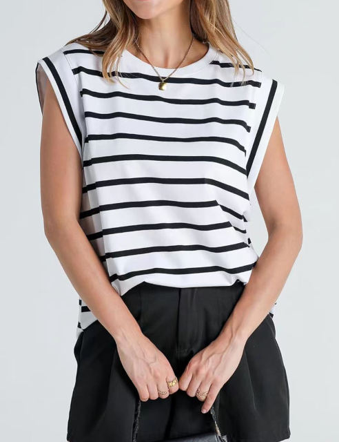 White Striped Round Neck Short Sleeve T-shirt