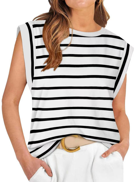White Striped Round Neck Short Sleeve T-shirt