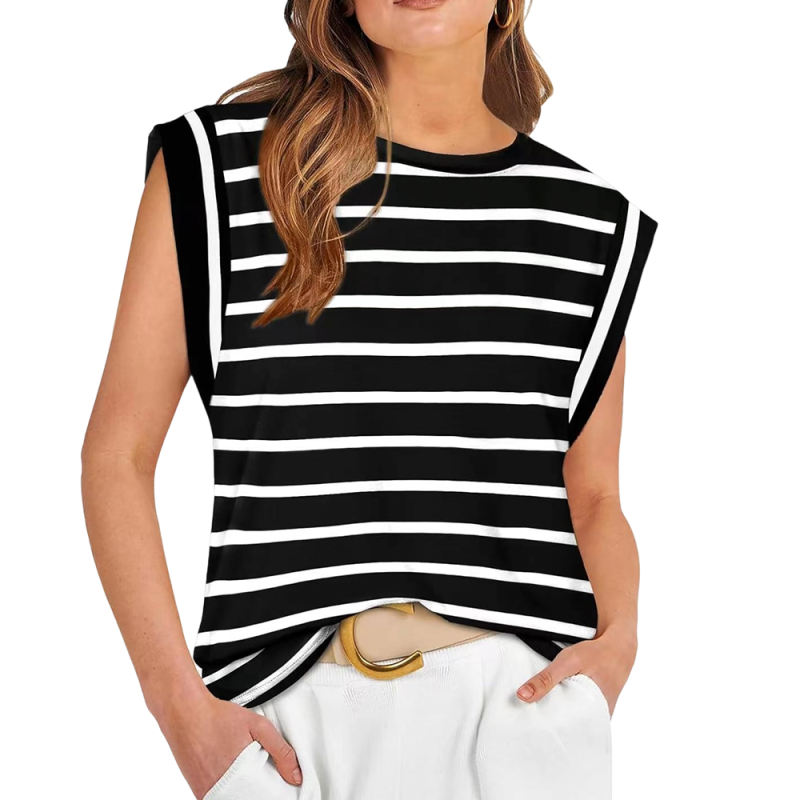 Black Striped Round Neck Short Sleeve T-shirt
